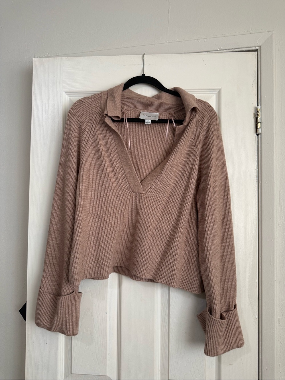 Jason Wu Beige Ribbed V-Neck Sweater